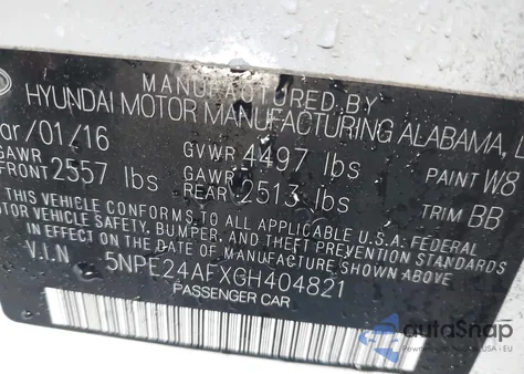 2016 Hyundai Sonata Se z USA, uszkodzony, nr VIN 5NPE24AFXGH404821